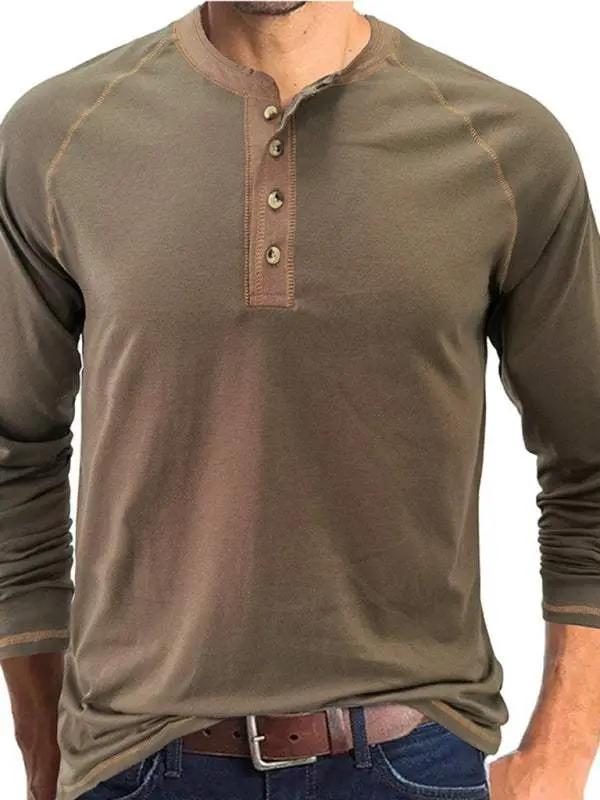 Stylish Men's Colorblock Long Sleeve T-Shirt with Button Detail - Perfect for Every Season! - MENLL